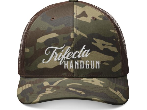 Camo Trucker Hat — "Trifecta Handgun" Embroidered Mesh Cap